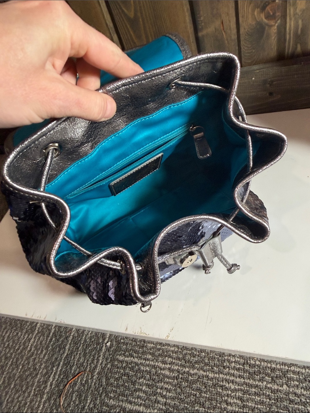 Coach Midnight Blue Sequin Mini Backpack with Silver Trim - Picture 8 of 9